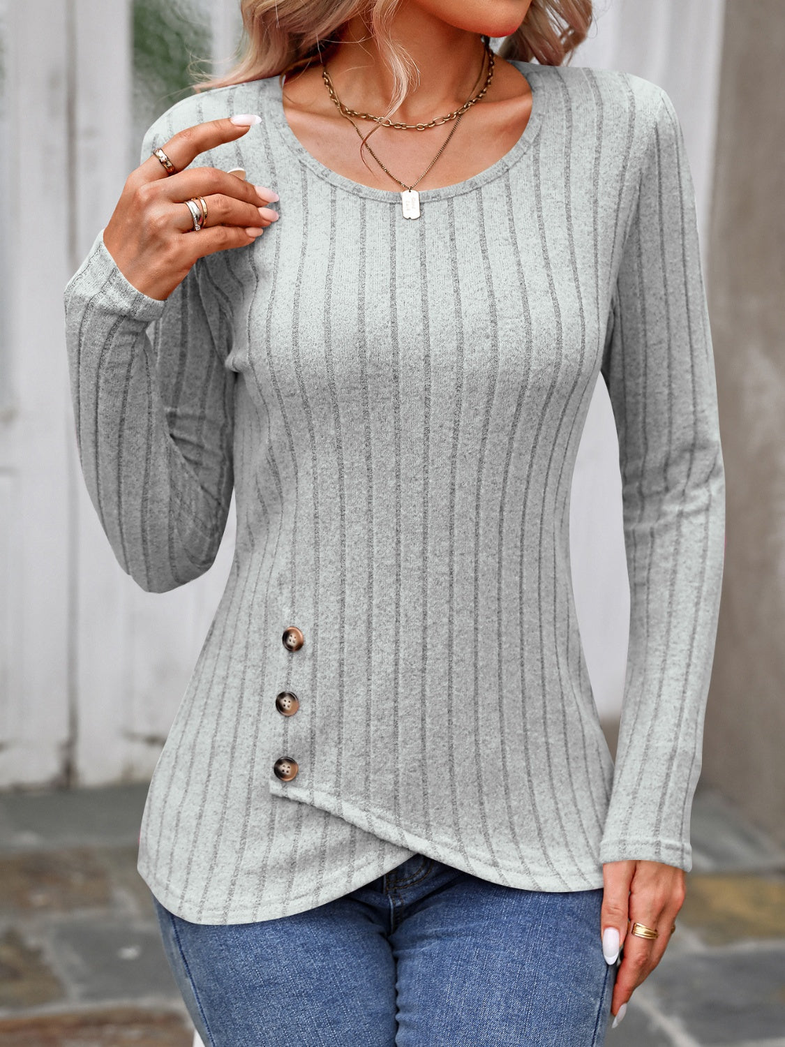 Decorative Button Round Neck Long Sleeve T-Shirt - EkaVibe