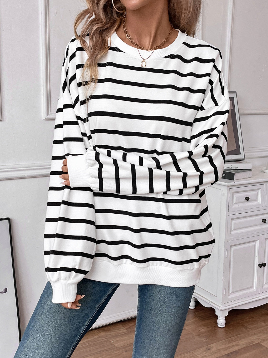 Lovelet Striped Round Neck Long Sleeve Sweatshirt - EkaVibe