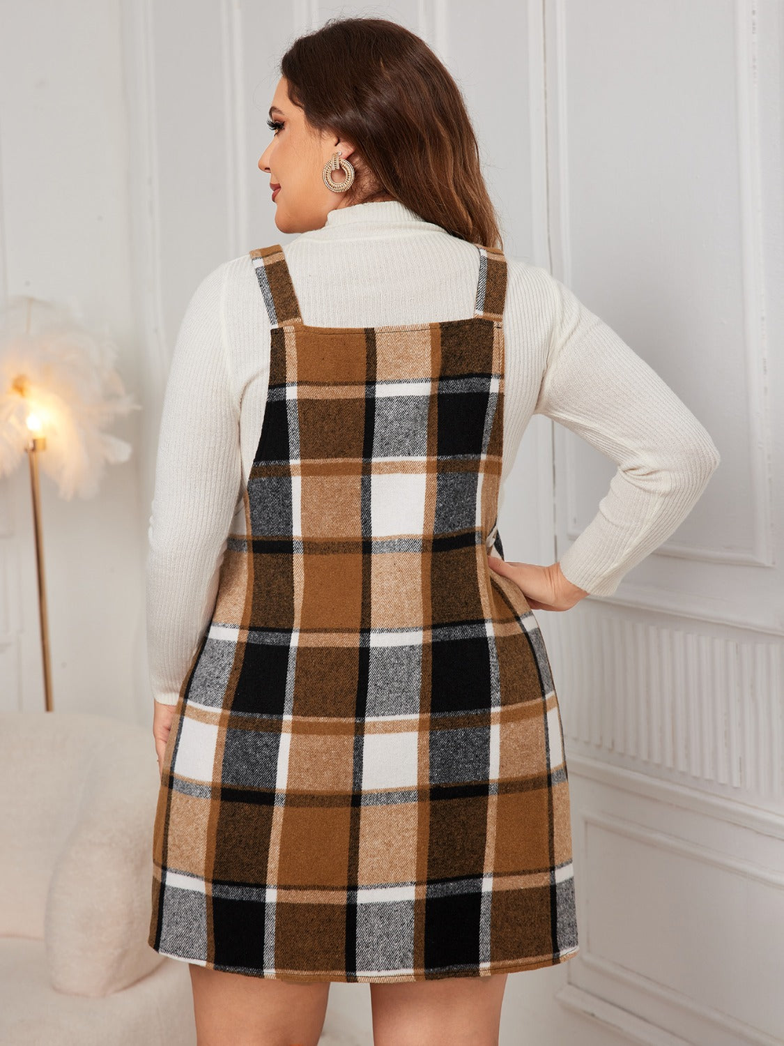 Honey Plus Size Plaid Wide Strap Overall Dress - EkaVibe