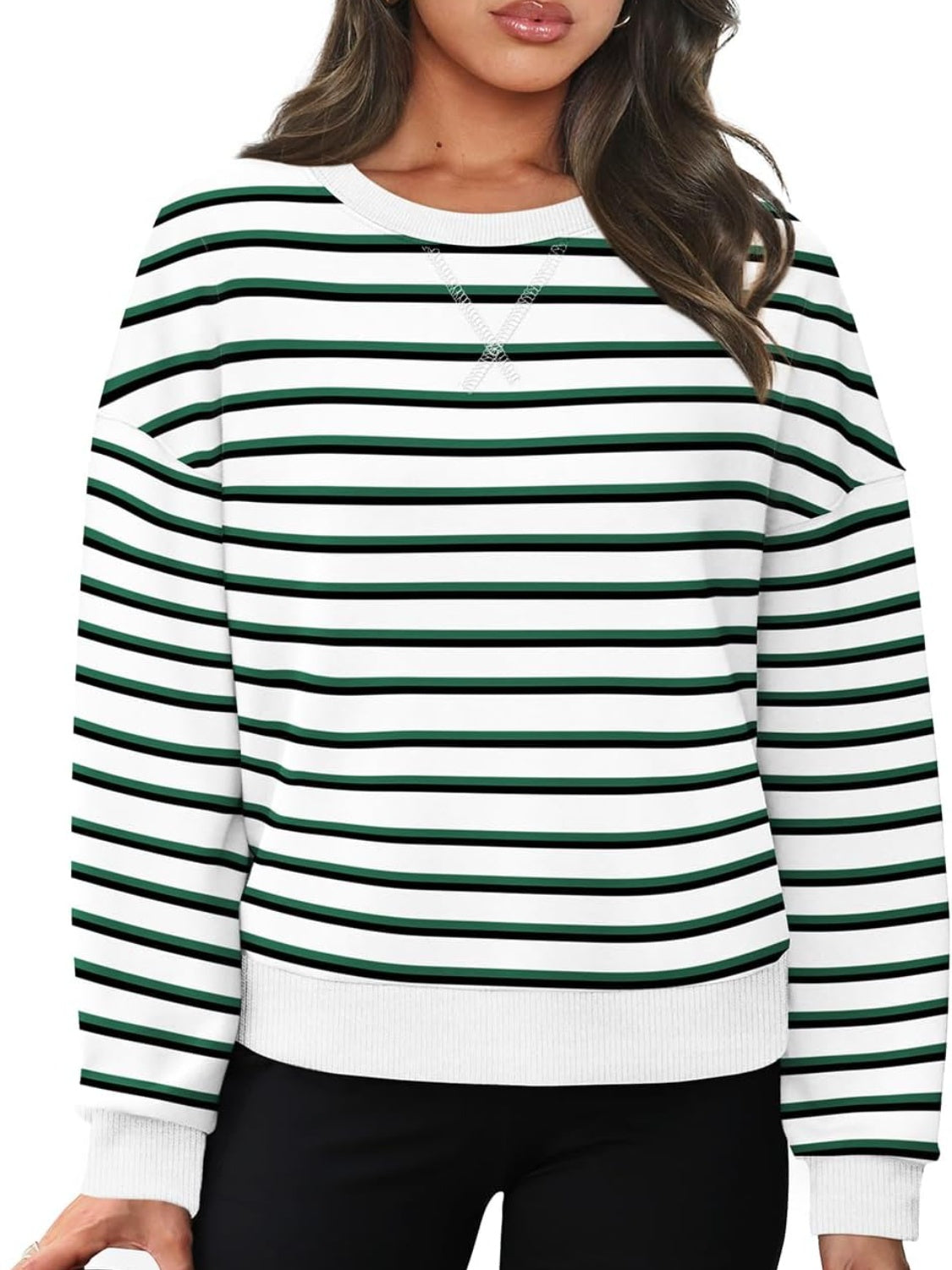 Lovelet Striped Round Neck Long Sleeve Sweatshirt - EkaVibe