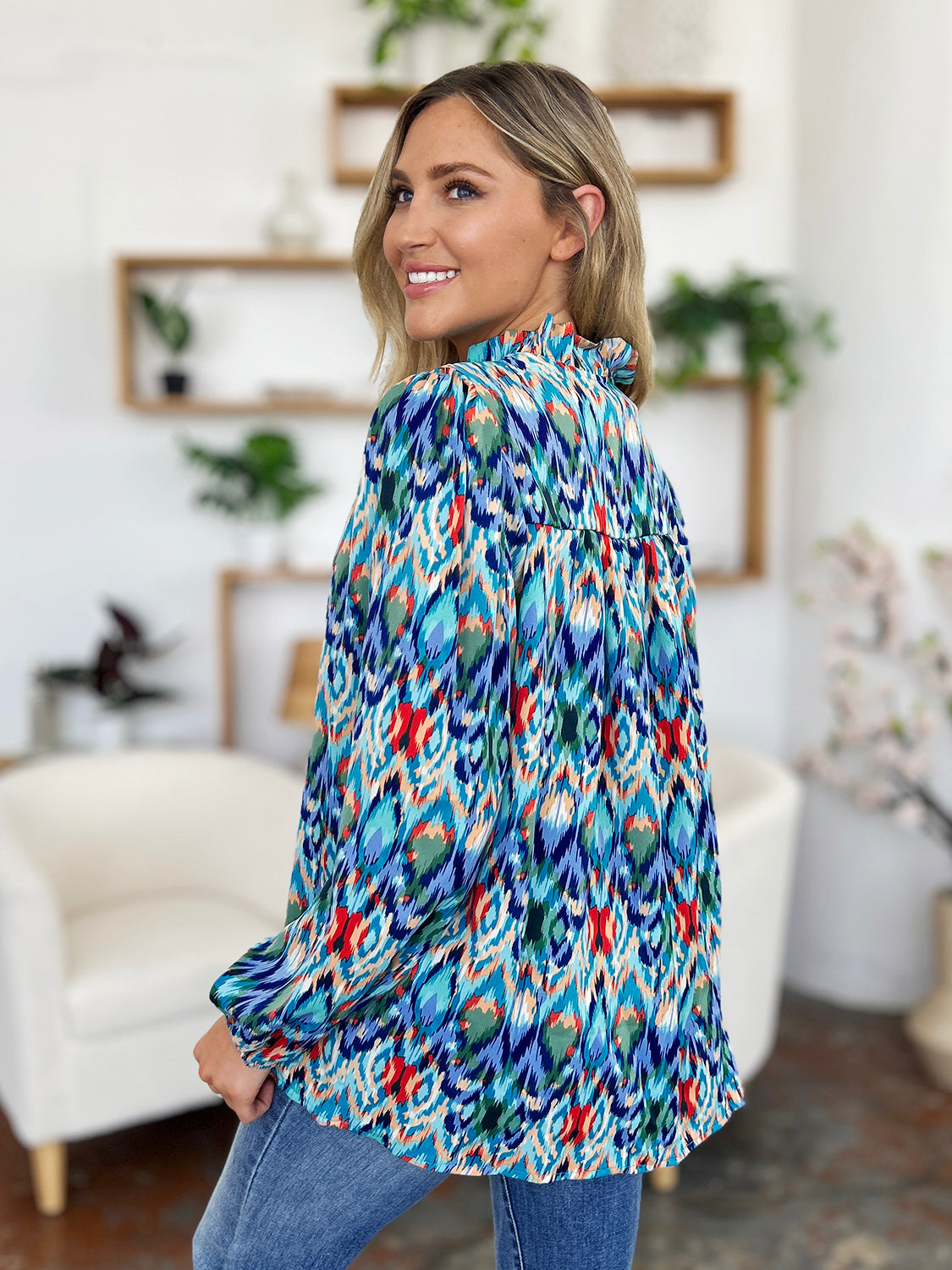 Double Take Full Size Printed Balloon Sleeve Blouse - EkaVibe