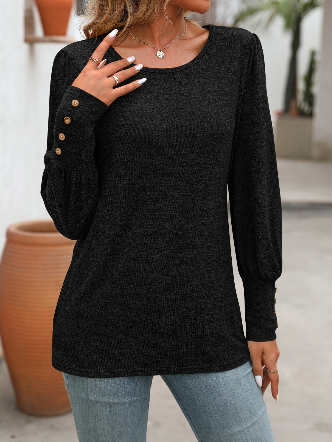 Decorative Button Round Neck Long Sleeve T-Shirt - EkaVibe