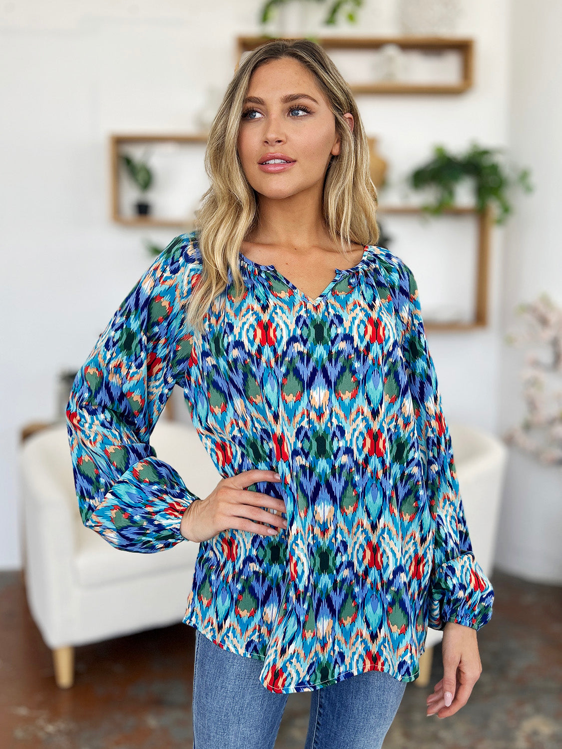 Double Take Full Size Printed Balloon Sleeve Blouse - EkaVibe