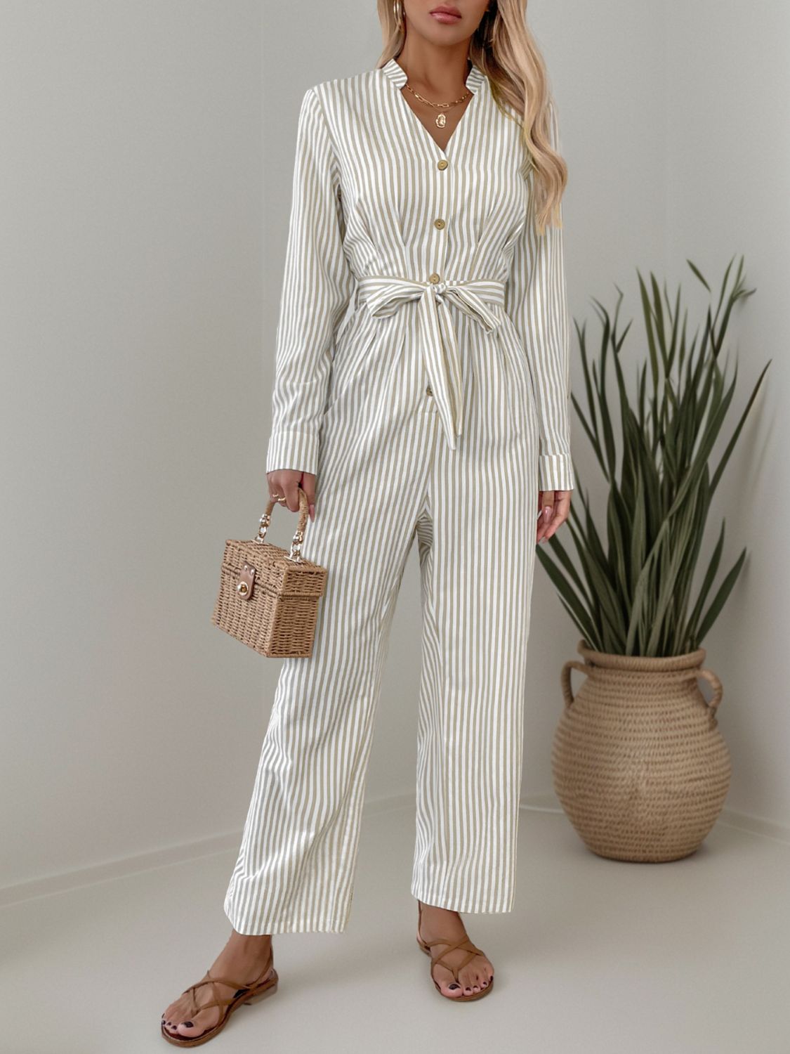 Striped Notched Long Sleeve Tie Waist Jumpsuit - EkaVibe