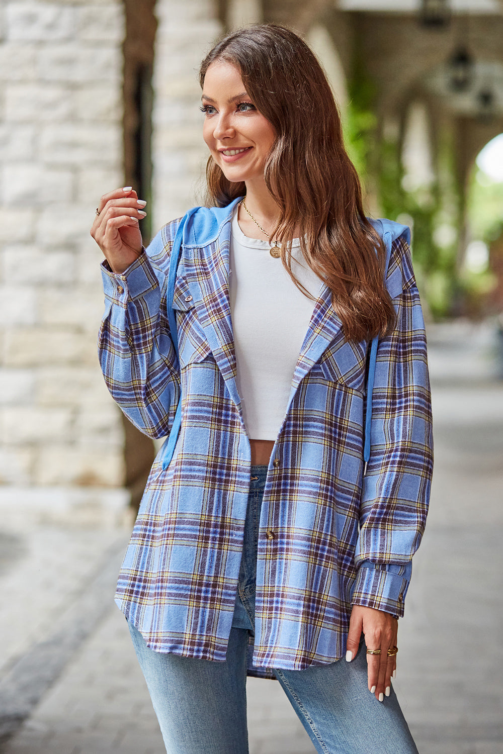 Mandy Plaid Long Sleeve Hooded Jacket - EkaVibe