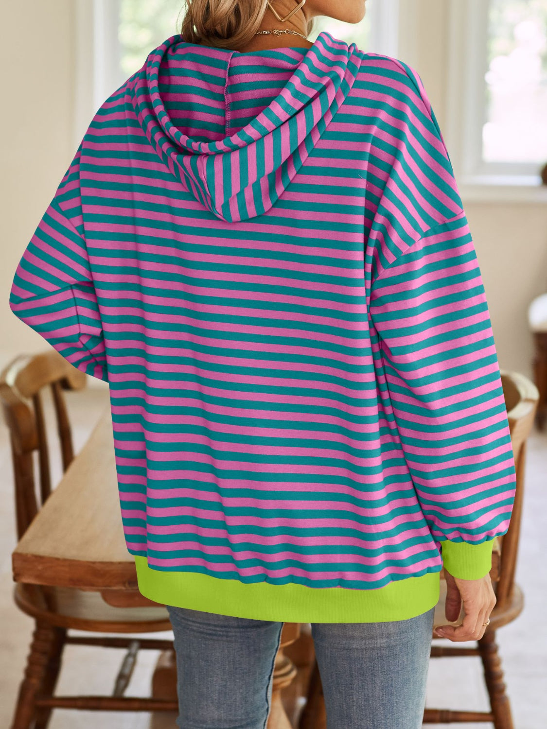 Lovelet Drawstring Striped Long Sleeve Hoodie - EkaVibe