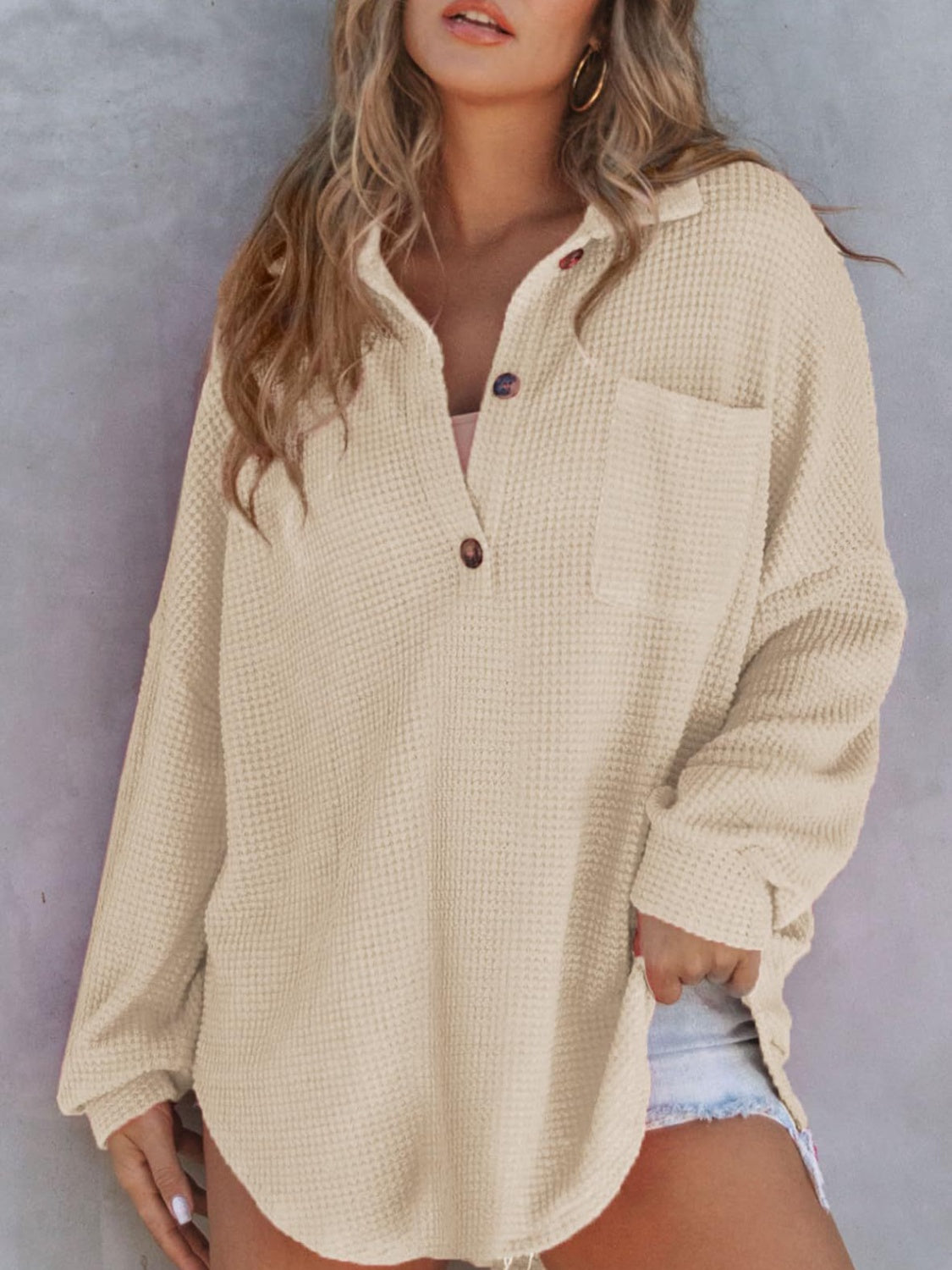 Waffle-Knit Dropped Shoulder Long Sleeve Sweatshirt - EkaVibe