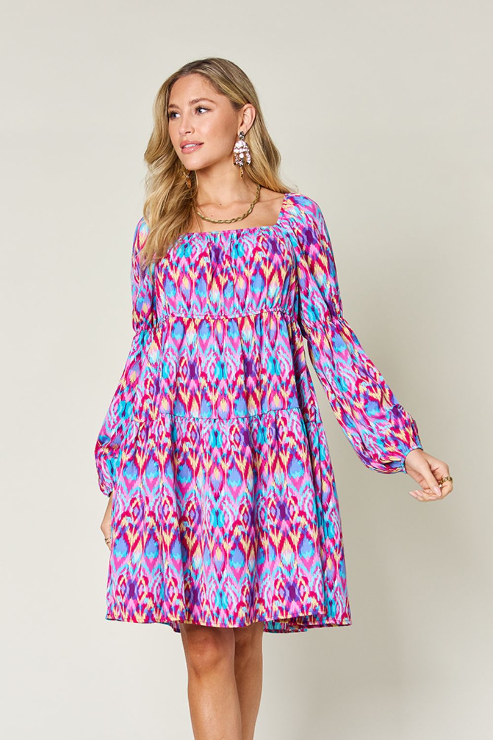 Double Take Full Size Printed Long Sleeve Dress - EkaVibe