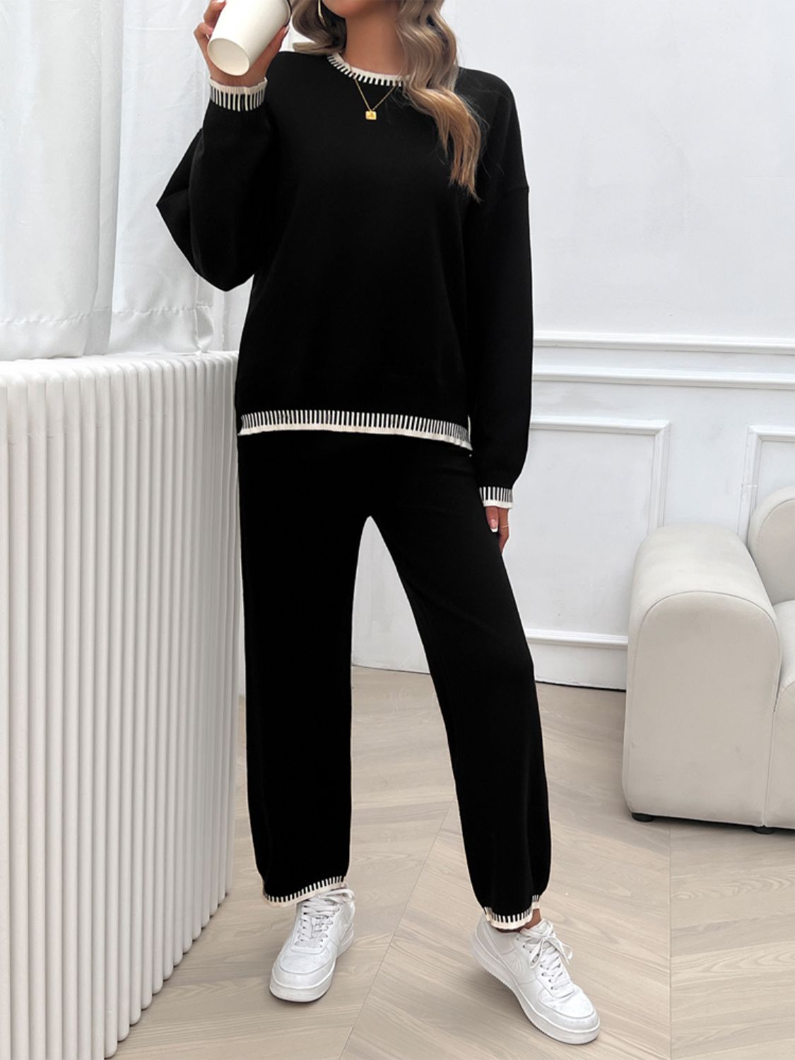 Devine Round Neck Dropped Shoulder Top and Pants Sweater Set - EkaVibe