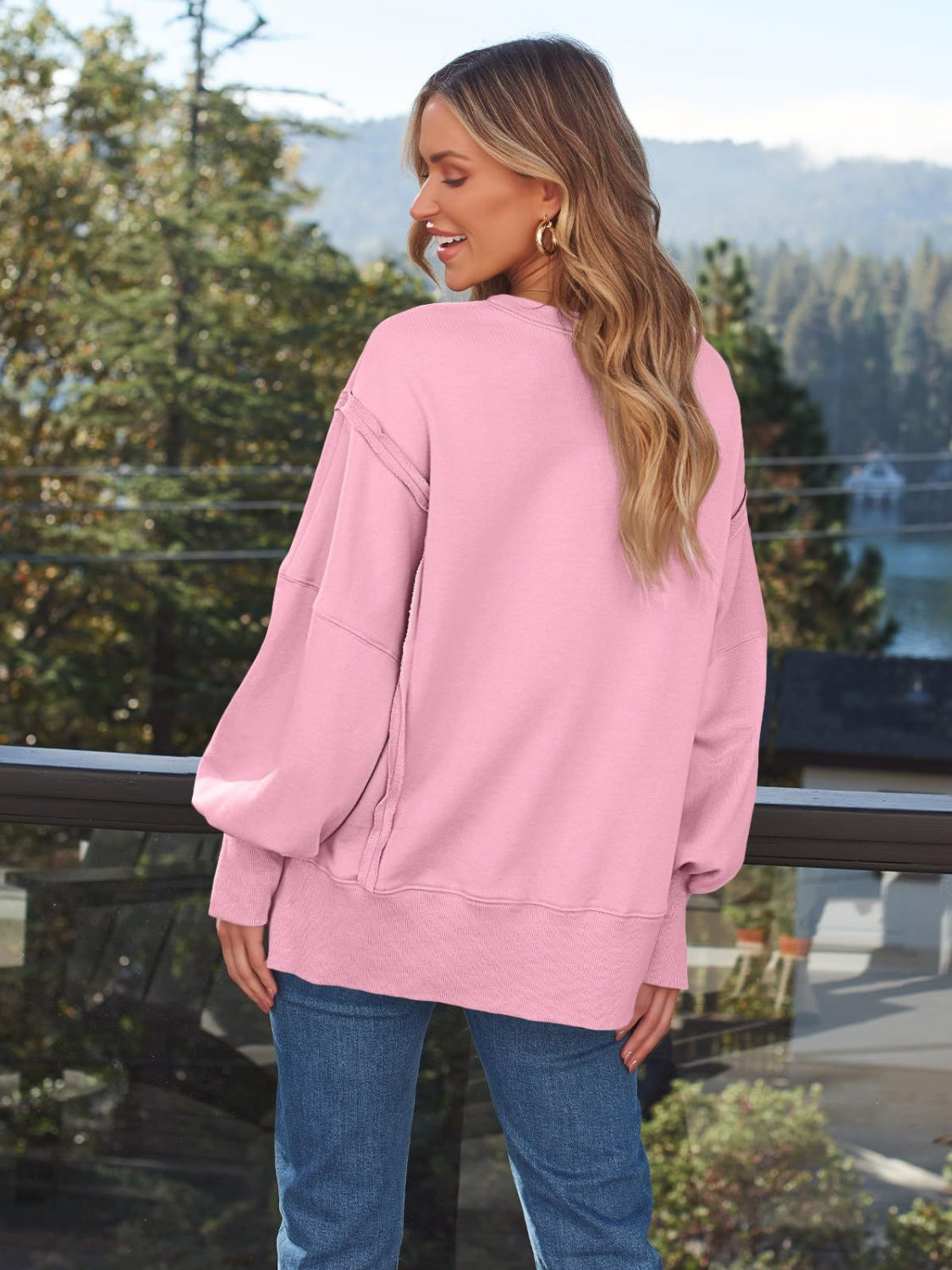 Slit Round Neck Long Sleeve Sweatshirt - EkaVibe