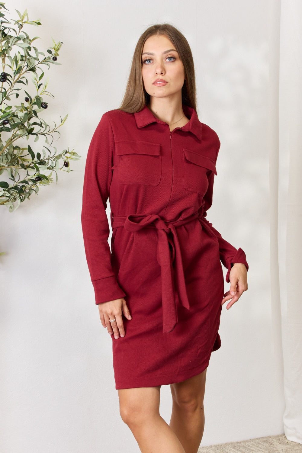 Culture Code Full Size Tie Front Half Zip Long Sleeve Shirt Dress - EkaVibe