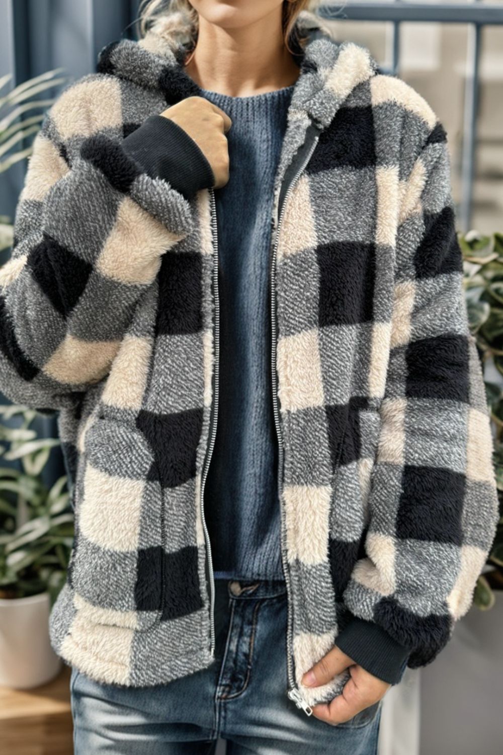 Double Take Full Size Plaid Long Sleeve Hooded Coat - EkaVibe