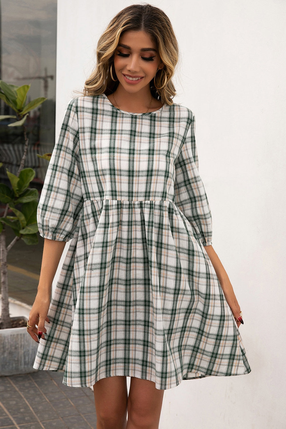 Ivy Lane Plaid Round Neck Mini Dress - EkaVibe