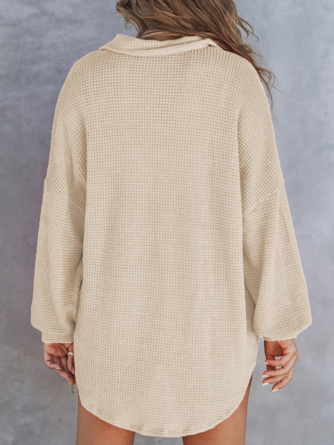 Waffle-Knit Dropped Shoulder Long Sleeve Sweatshirt - EkaVibe