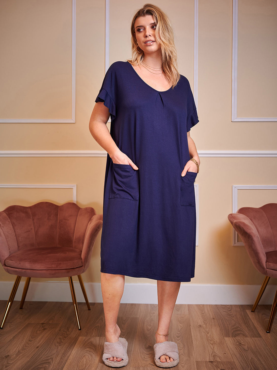 Plus Size Round Neck Short Sleeve Lounge Dress - EkaVibe