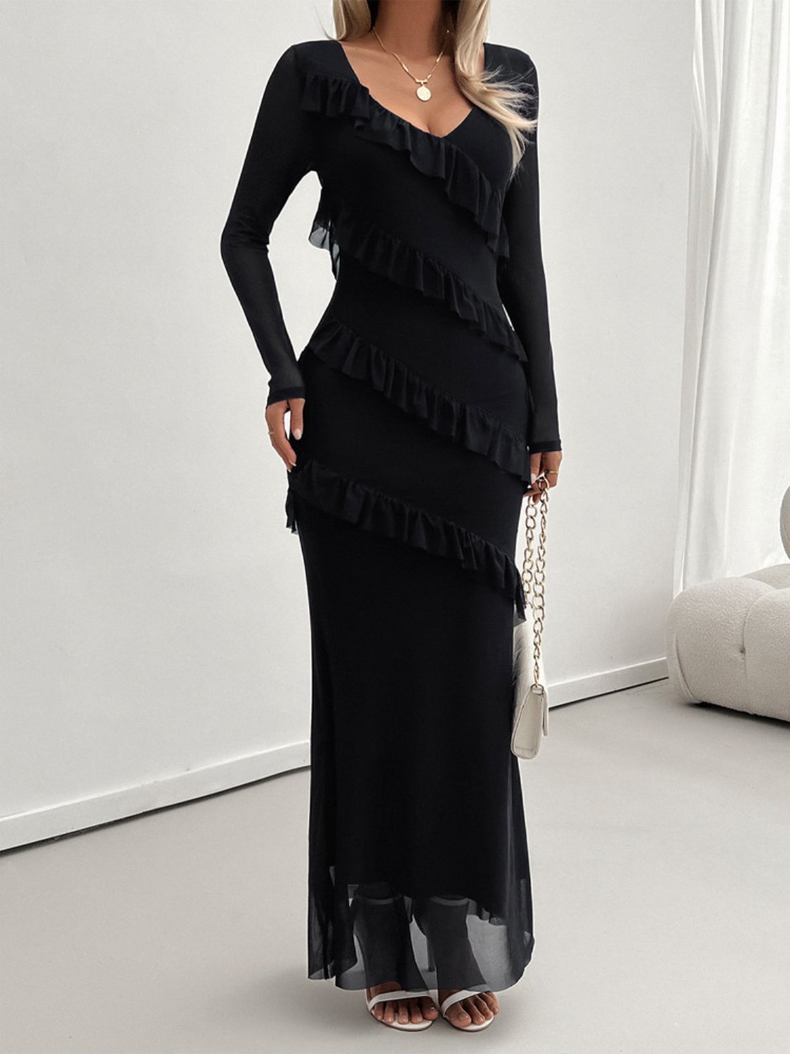 Devine Ruffled Surplice Long Sleeve Maxi Dress - EkaVibe