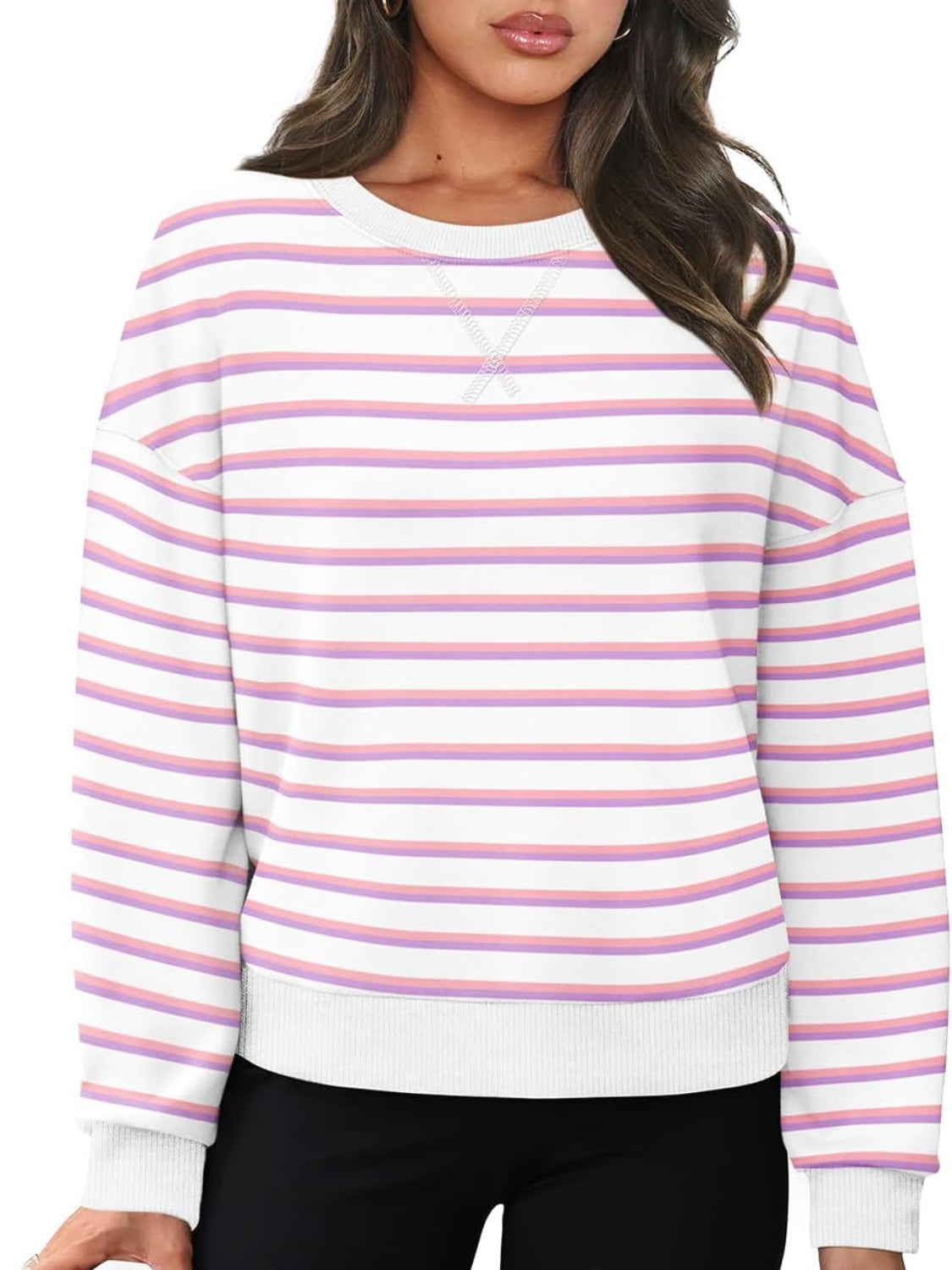 Lovelet Striped Round Neck Long Sleeve Sweatshirt - EkaVibe