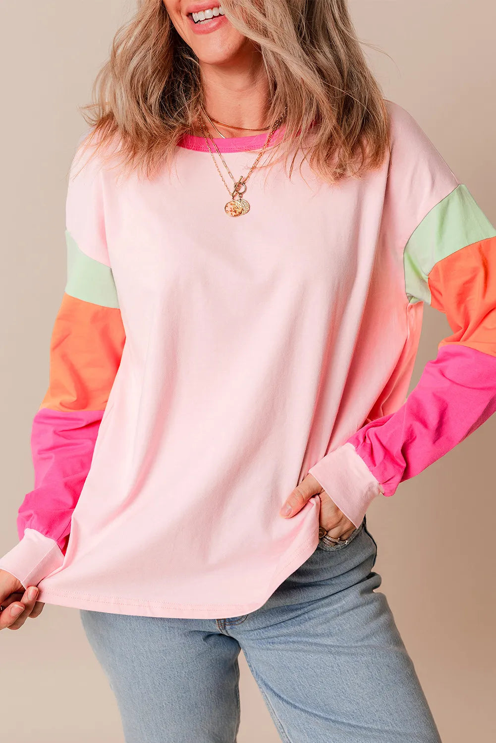 Color Block Round Neck Long Sleeve Top - EkaVibe