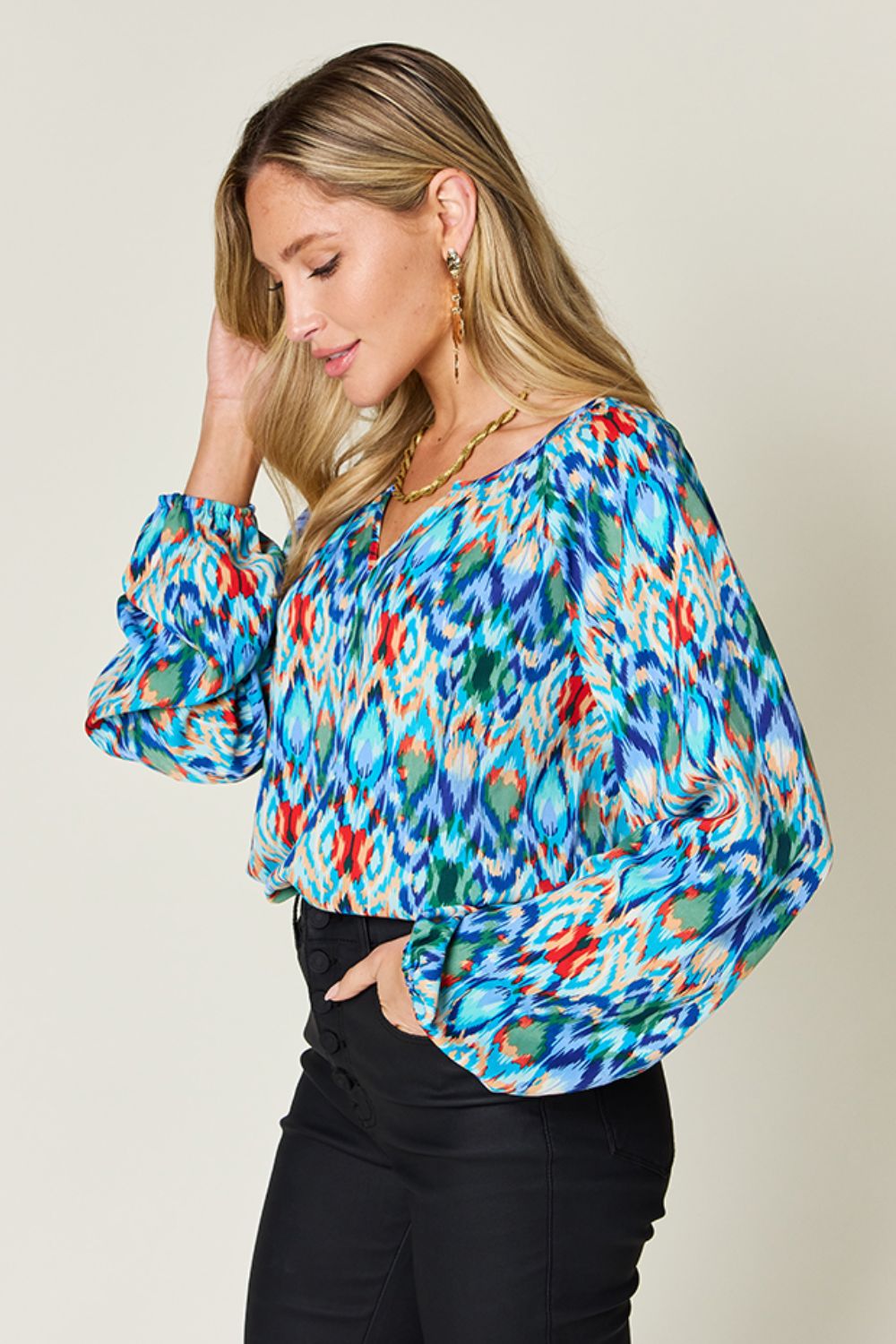 Double Take Full Size Printed Balloon Sleeve Blouse - EkaVibe