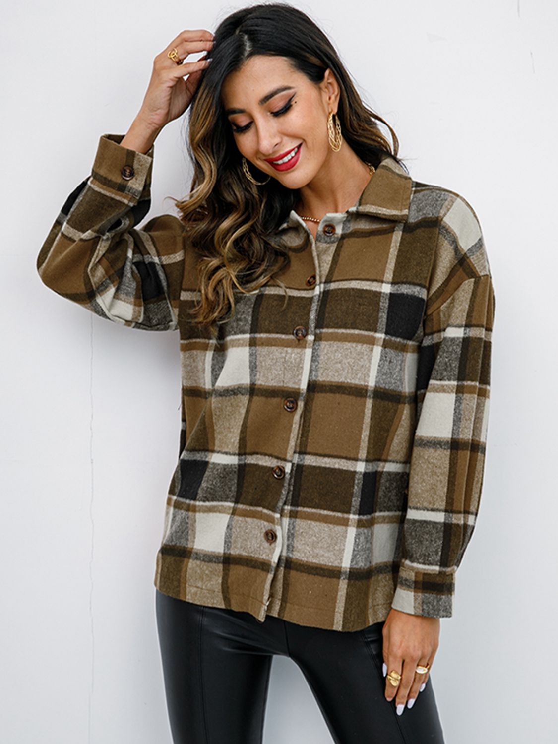 Shiny Plaid Button Up Collared Neck Jacket - EkaVibe