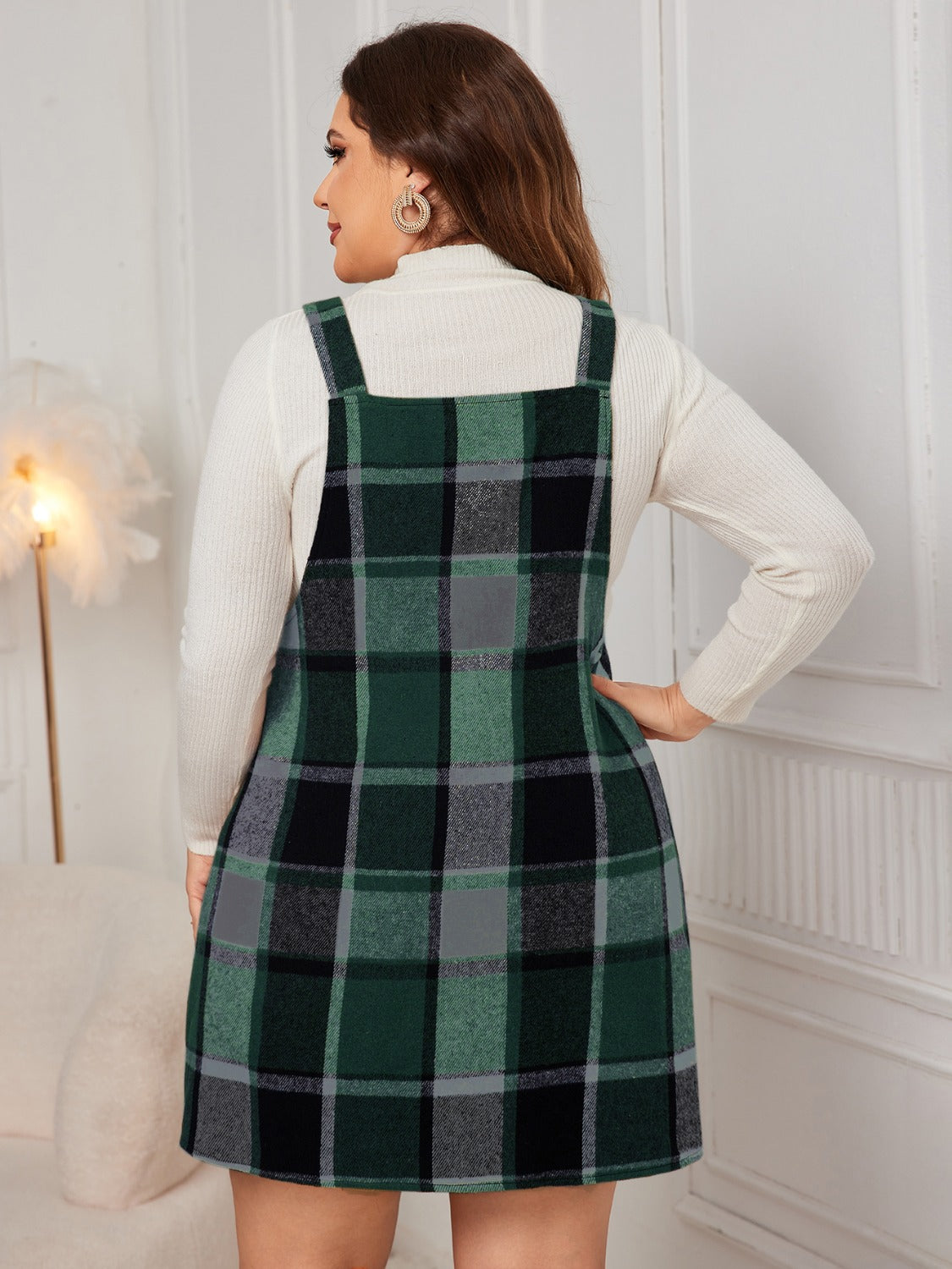 Honey Plus Size Plaid Wide Strap Overall Dress - EkaVibe