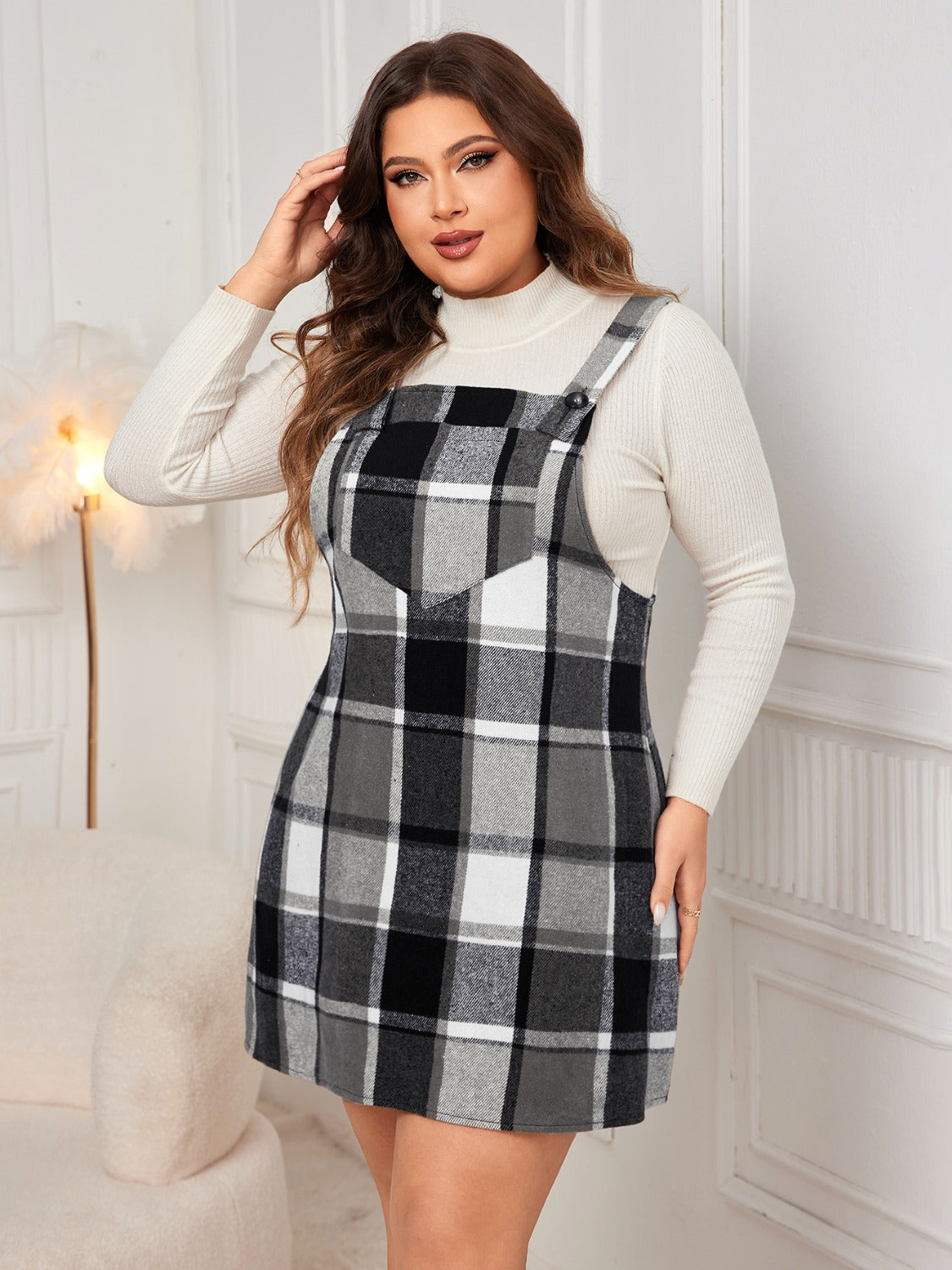 Honey Plus Size Plaid Wide Strap Overall Dress - EkaVibe