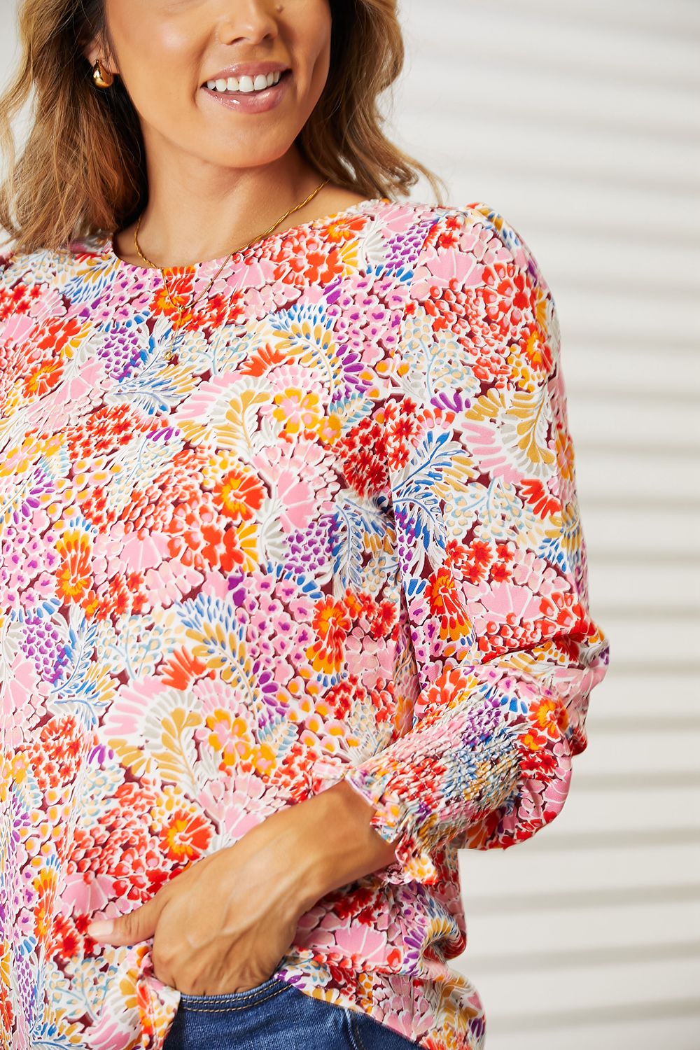 Double Take Floral Print Long Puff Sleeve Blouse - EkaVibe