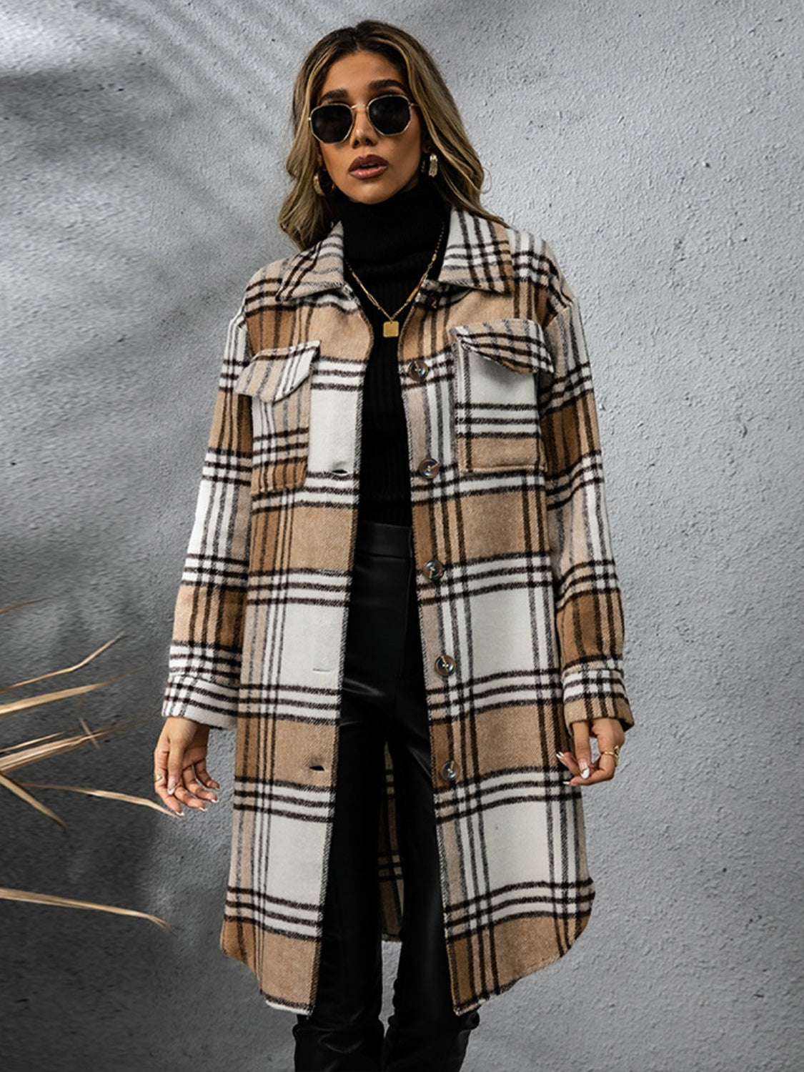 Plaid Collared Neck Long Sleeve Coat - EkaVibe