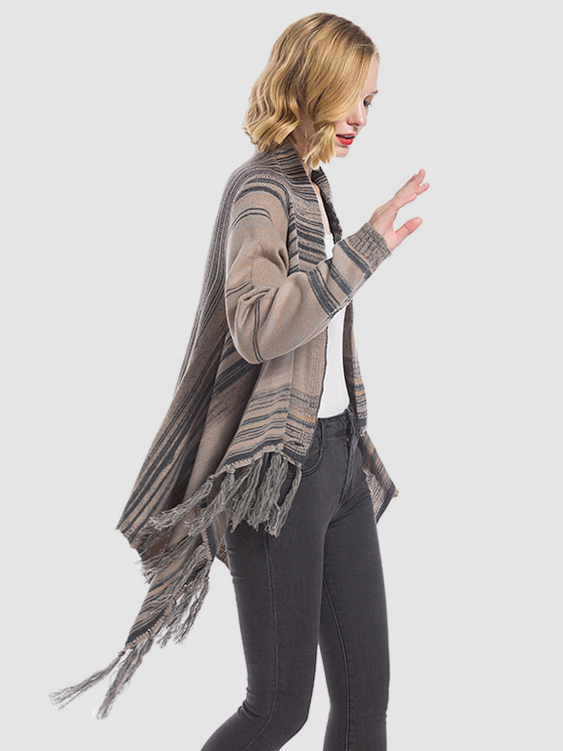 Angel Wings Tassel Striped Open Front Long Sleeve Cardigan - EkaVibe