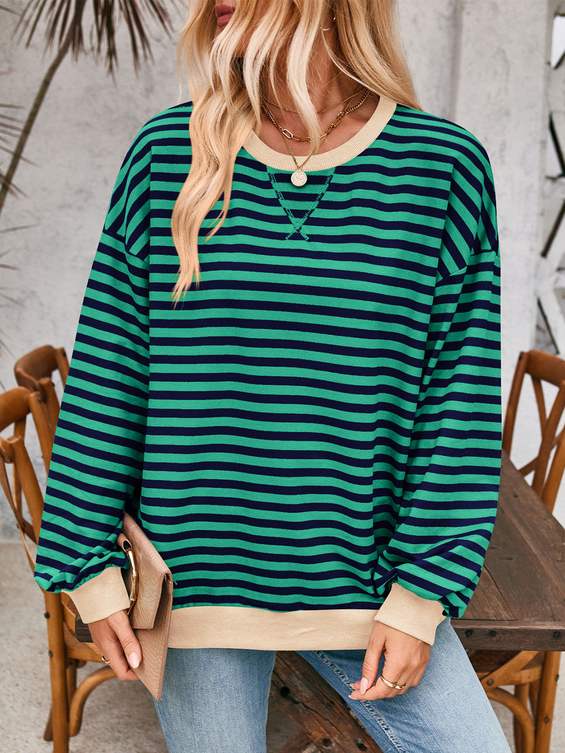 Lovelet Contrast Striped Long Sleeve Sweatshirt - EkaVibe