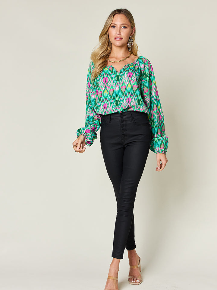 Double Take Full Size Printed Balloon Sleeve Blouse - EkaVibe