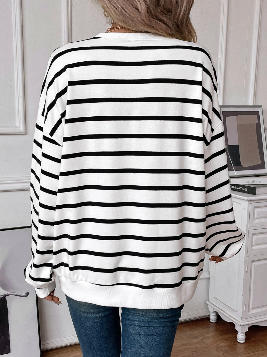 Lovelet Striped Round Neck Long Sleeve Sweatshirt - EkaVibe