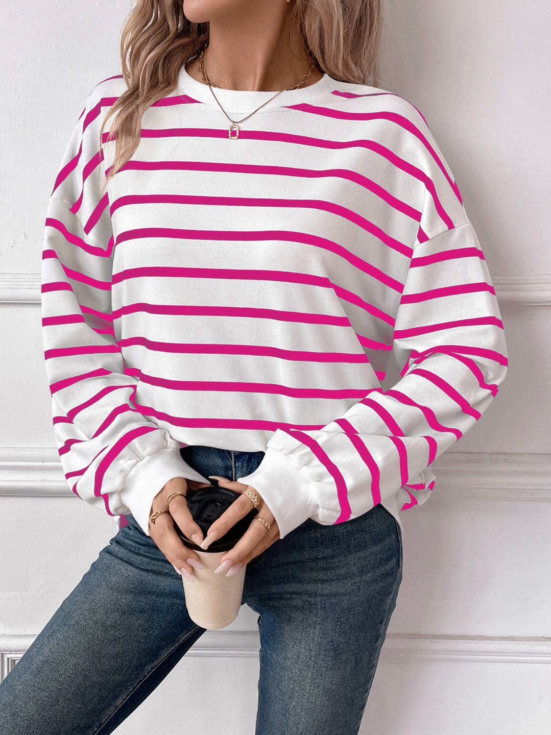 Lovelet Striped Round Neck Long Sleeve Sweatshirt - EkaVibe