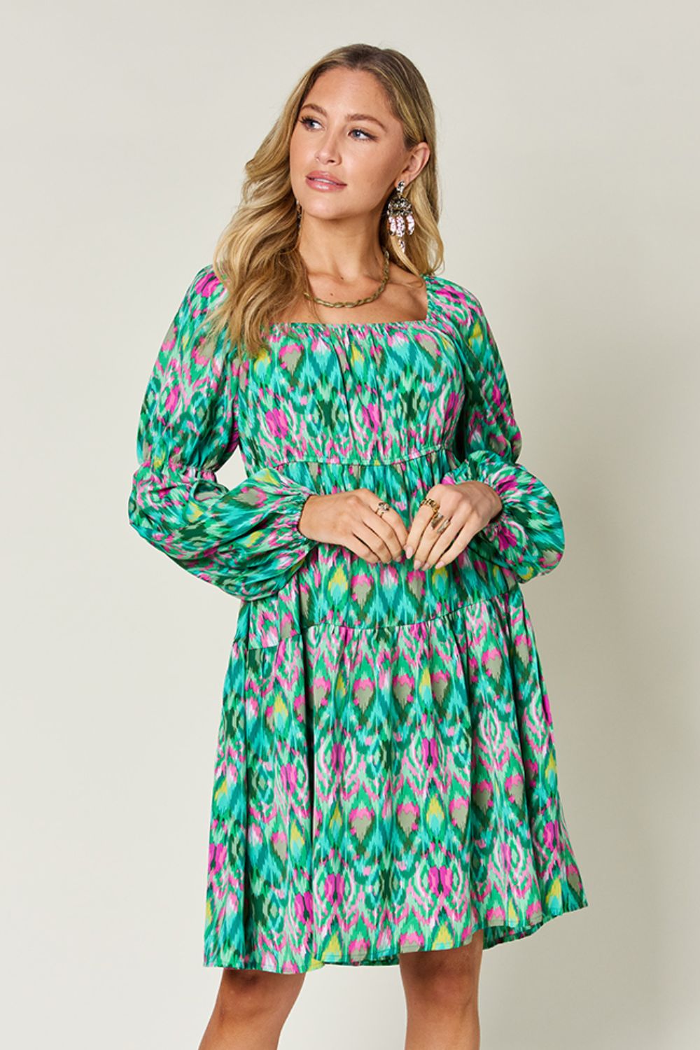 Double Take Full Size Printed Long Sleeve Dress - EkaVibe