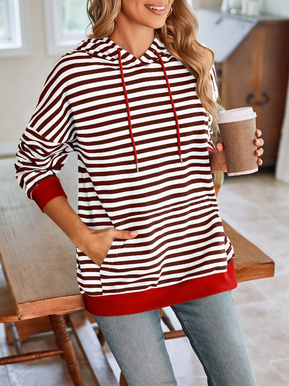 Lovelet Drawstring Striped Long Sleeve Hoodie - EkaVibe