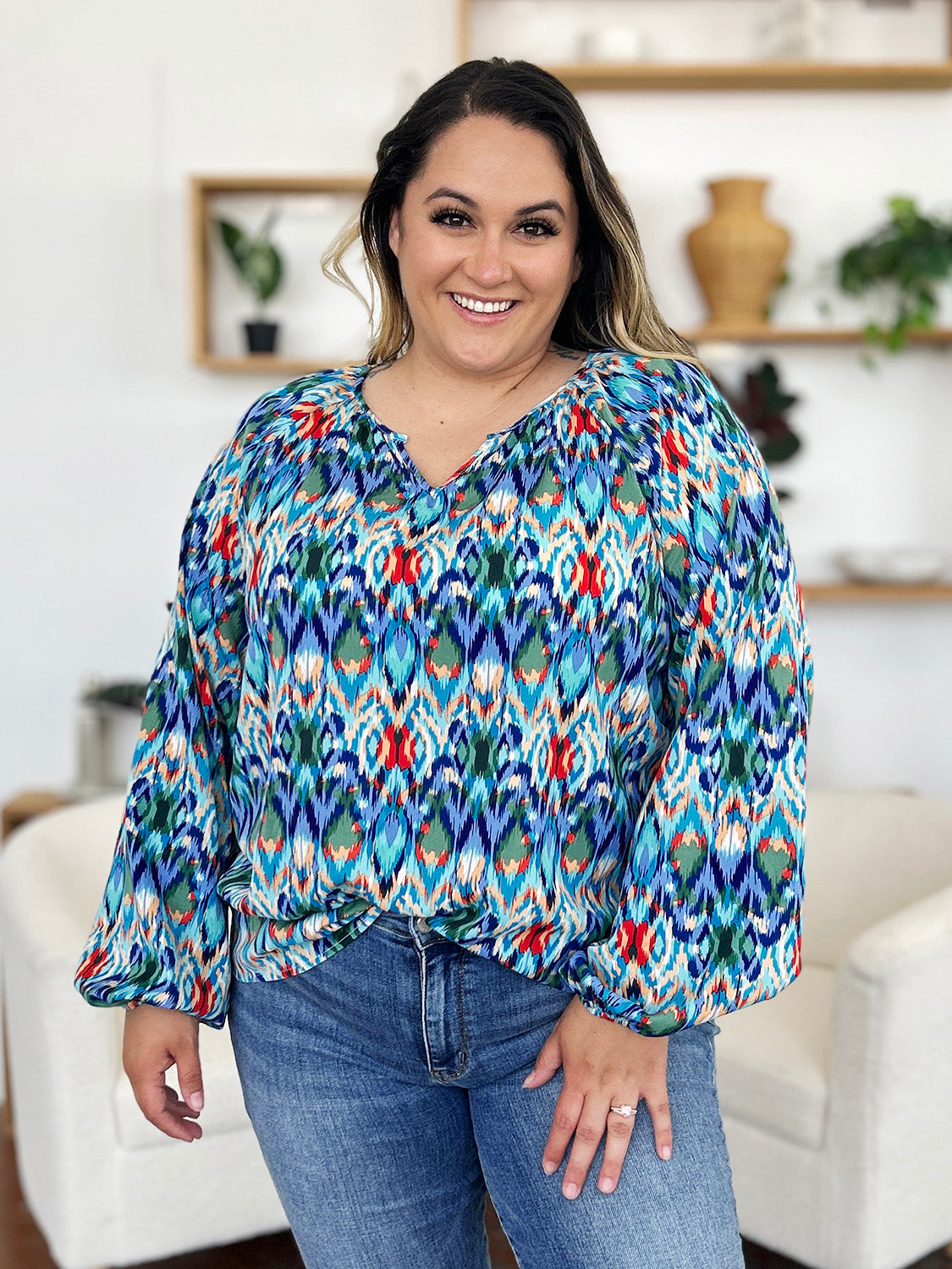 Double Take Full Size Printed Balloon Sleeve Blouse - EkaVibe