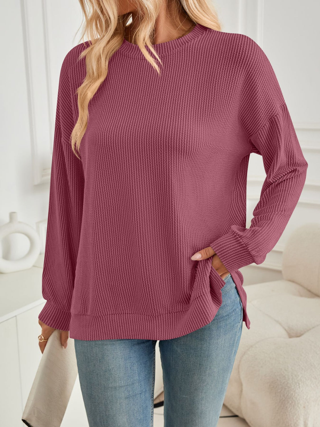 Lovelet Slit Round Neck Long Sleeve Sweatshirt - EkaVibe