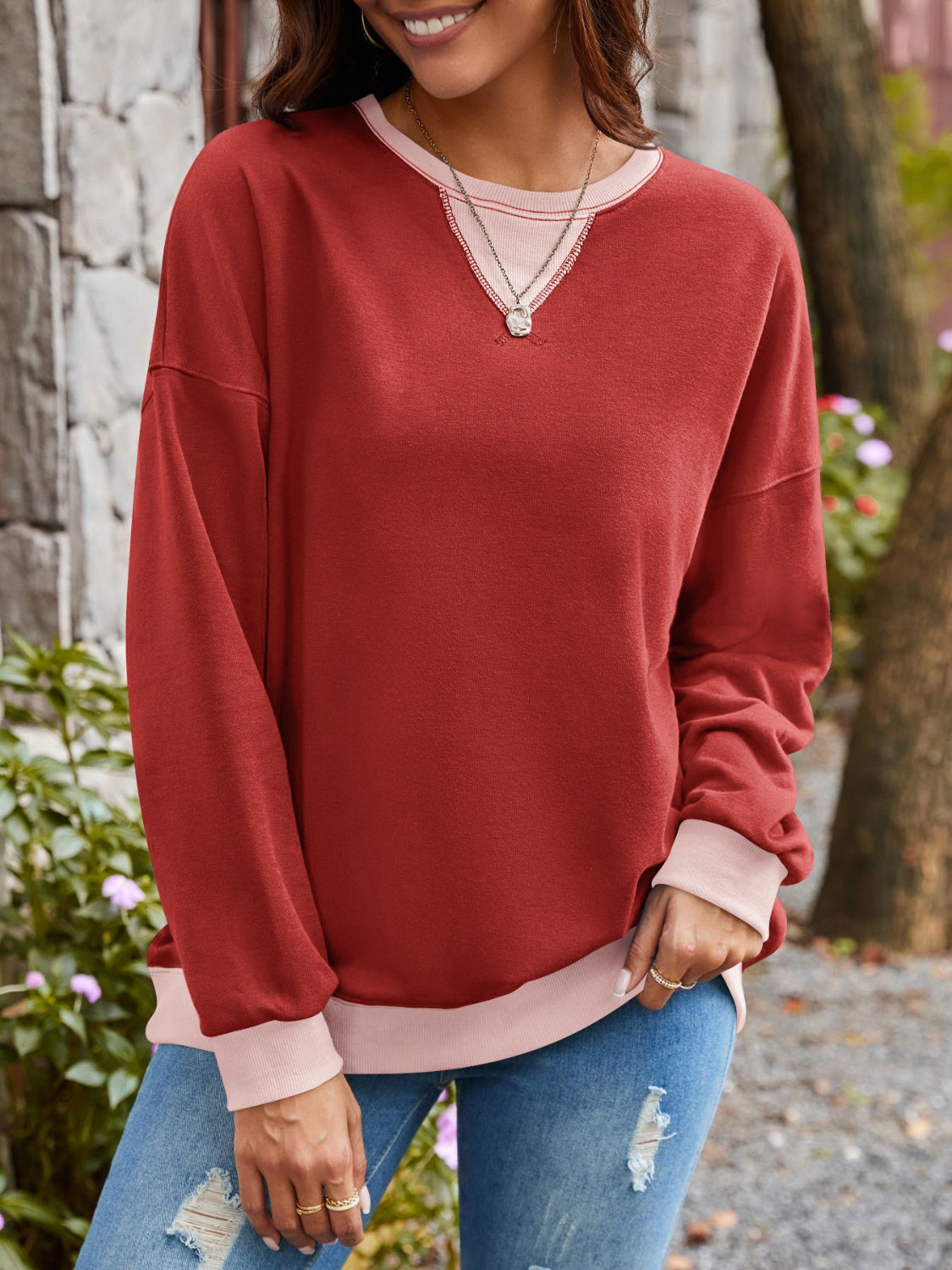 Lovelet Contrast Round Neck Long Sleeve Sweatshirt - EkaVibe