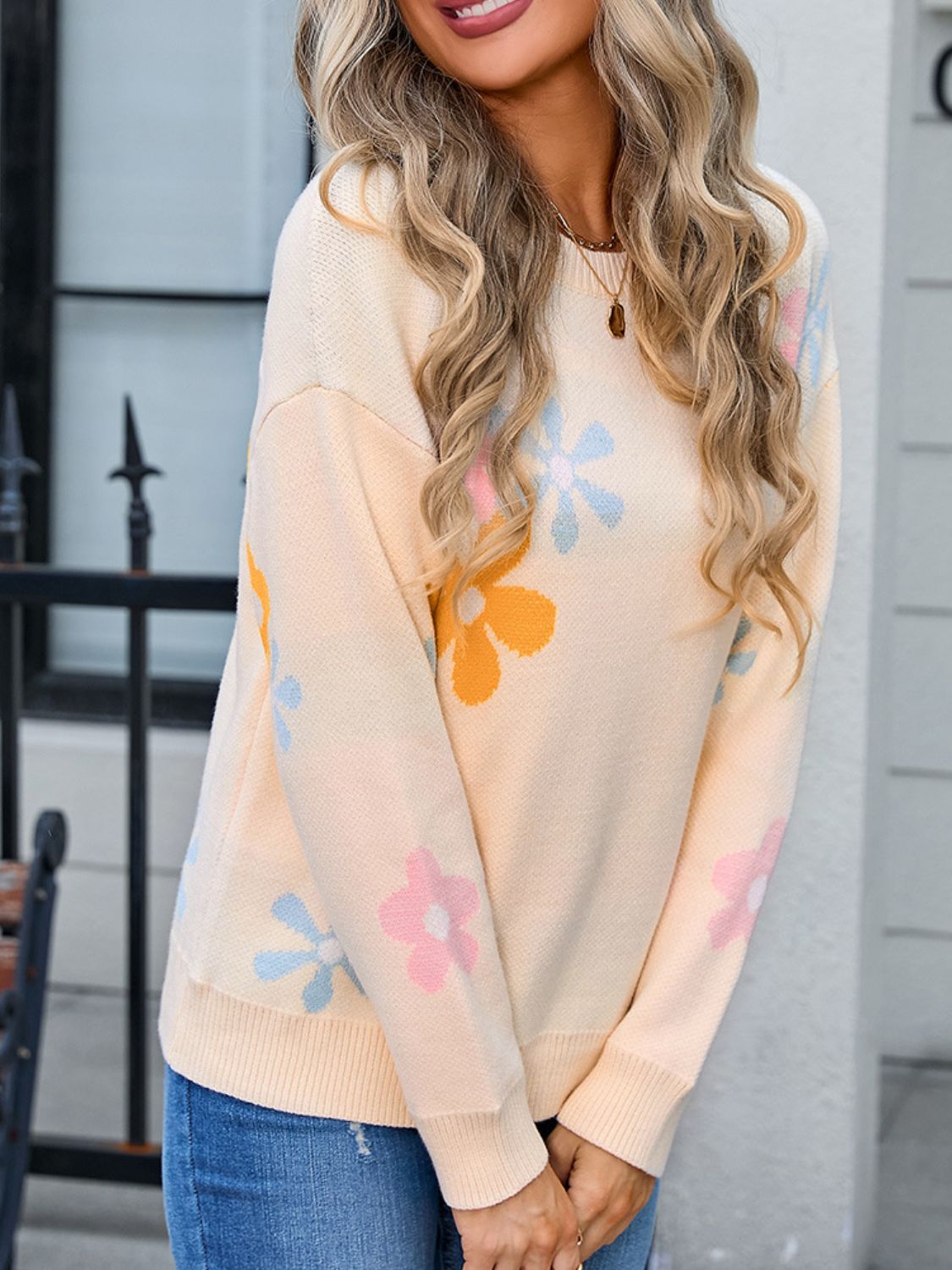 Angel Wings Flower Round Neck Dropped Shoulder Sweater - EkaVibe