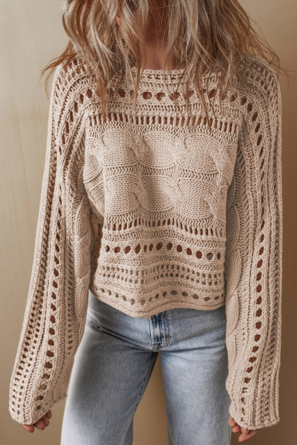 Cable-Knit Openwork Long Sleeve Sweater - EkaVibe