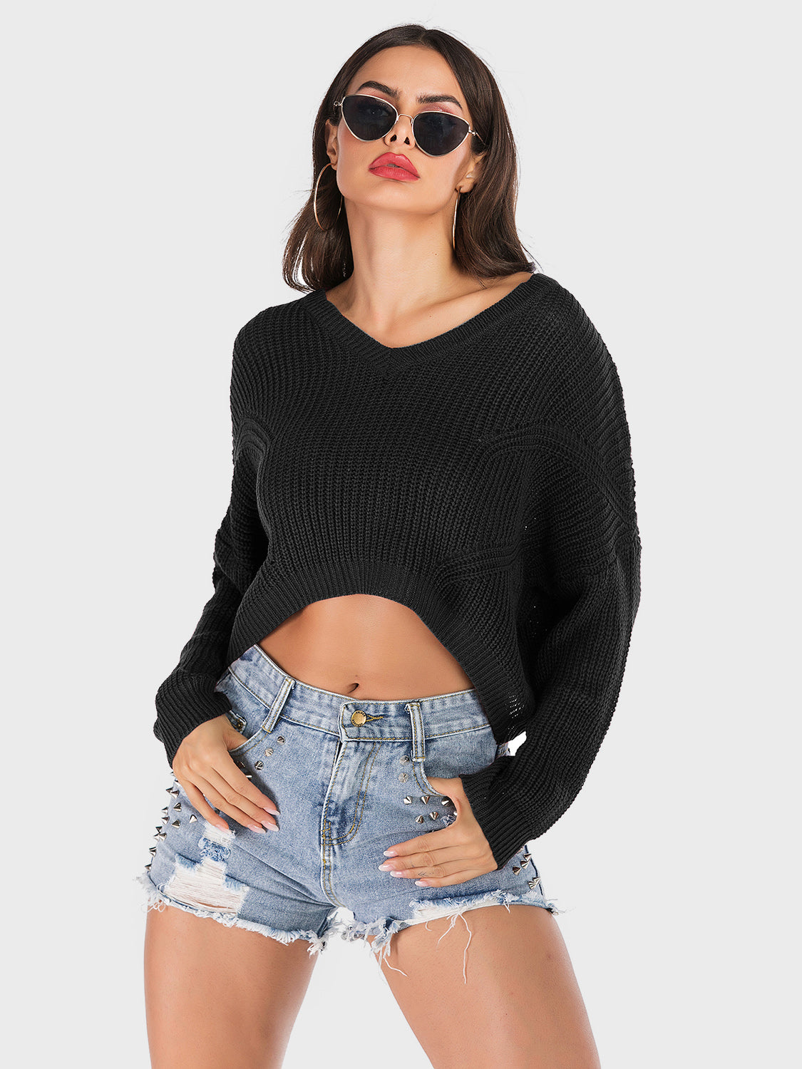 Perfee V-Neck Long Sleeve Sweater - EkaVibe