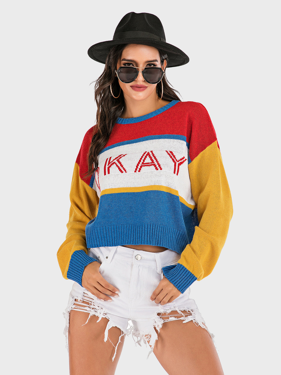 Perfee OKAY Contrast Dropped Shoulder Long Sleeve Sweater - EkaVibe