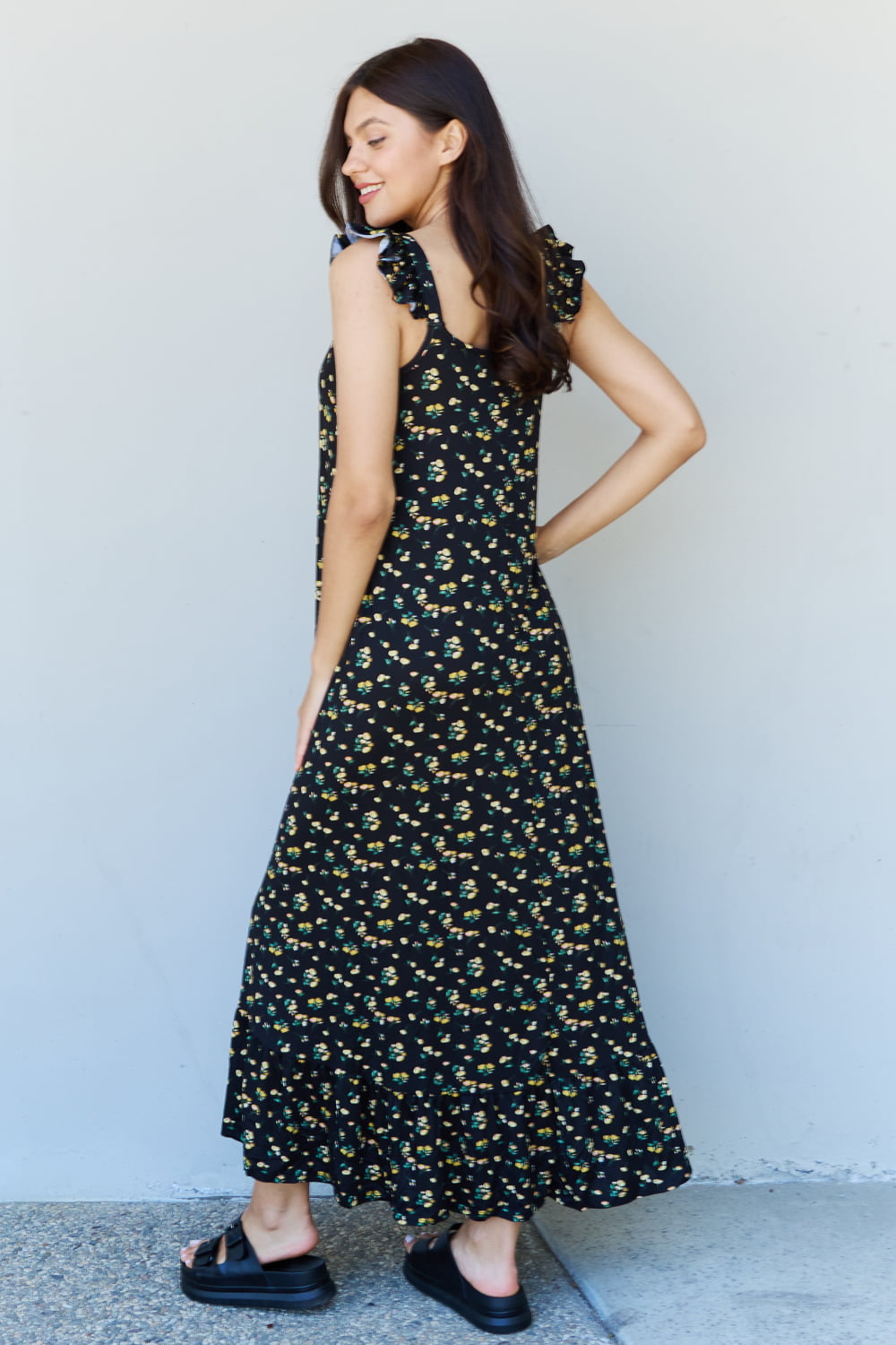 Doublju In The Garden Ruffle Floral Maxi Dress in  Black Yellow Floral - EkaVibe