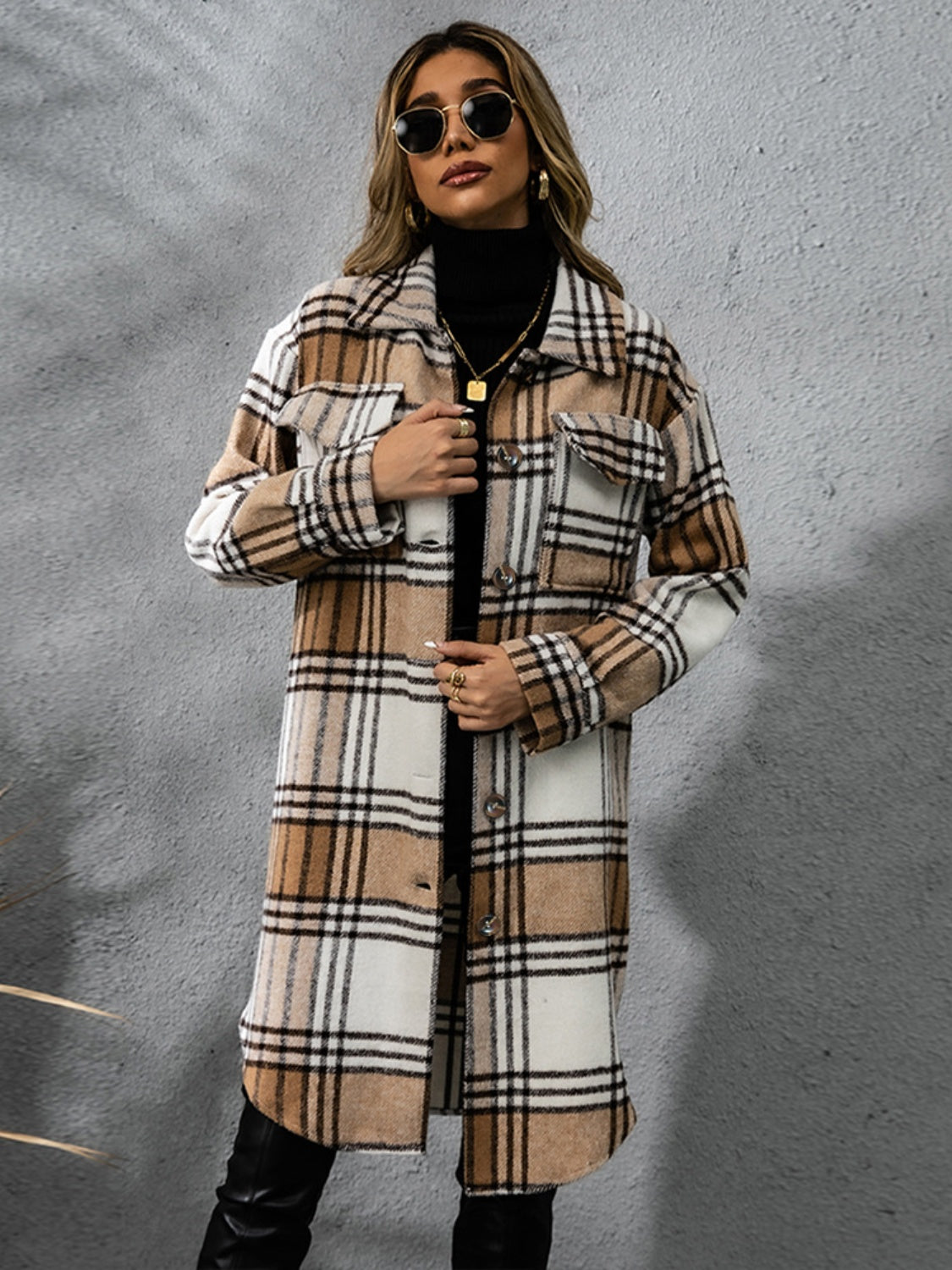 Plaid Collared Neck Long Sleeve Coat - EkaVibe