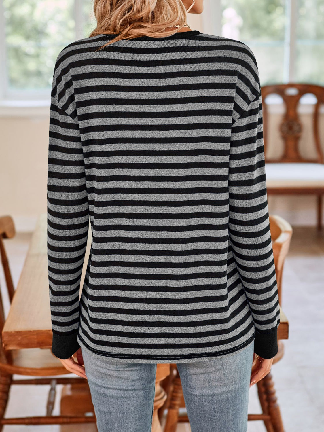 Lovelet Striped Round Neck Long Sleeve T-Shirt - EkaVibe