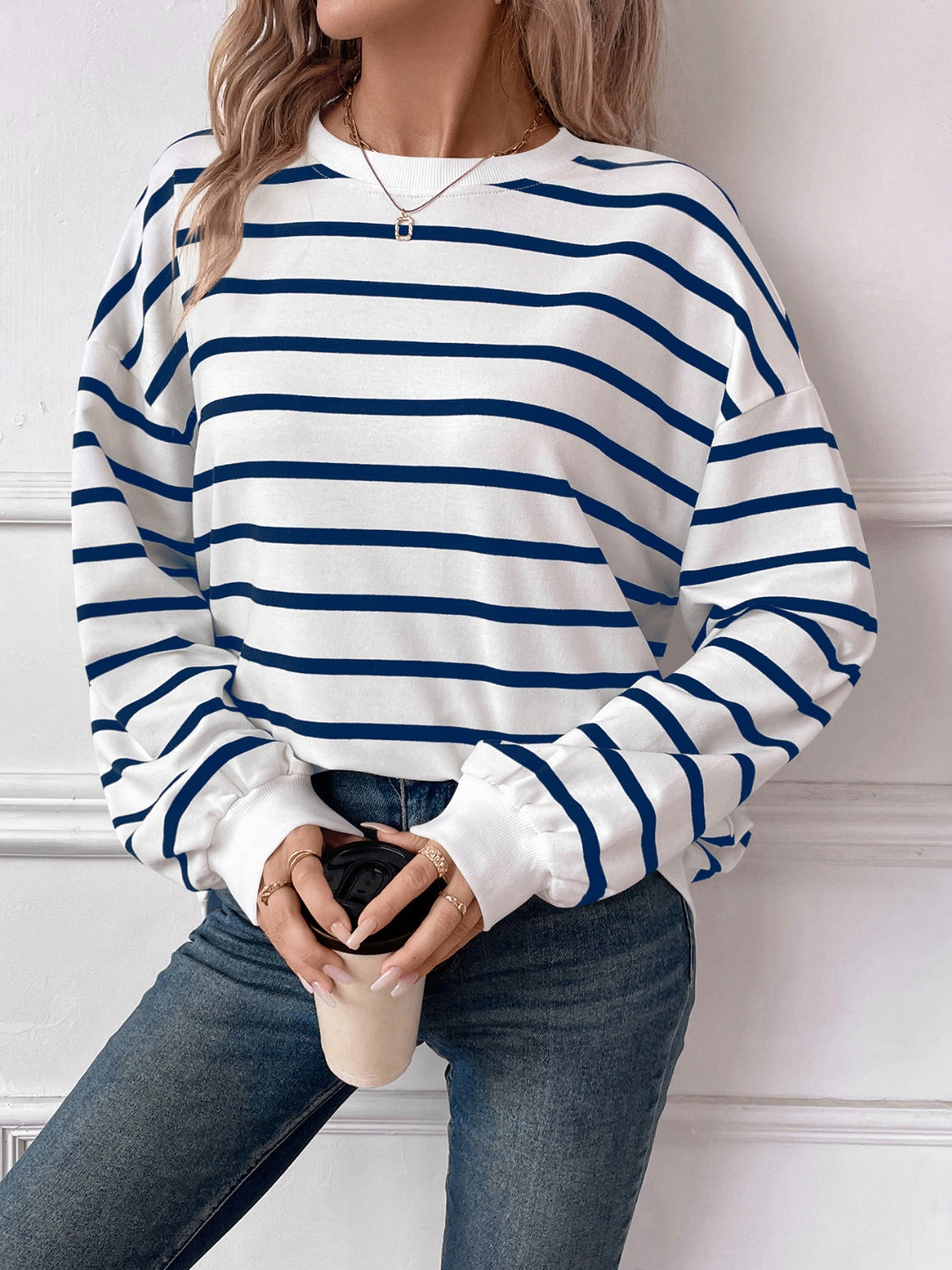 Lovelet Striped Round Neck Long Sleeve Sweatshirt - EkaVibe