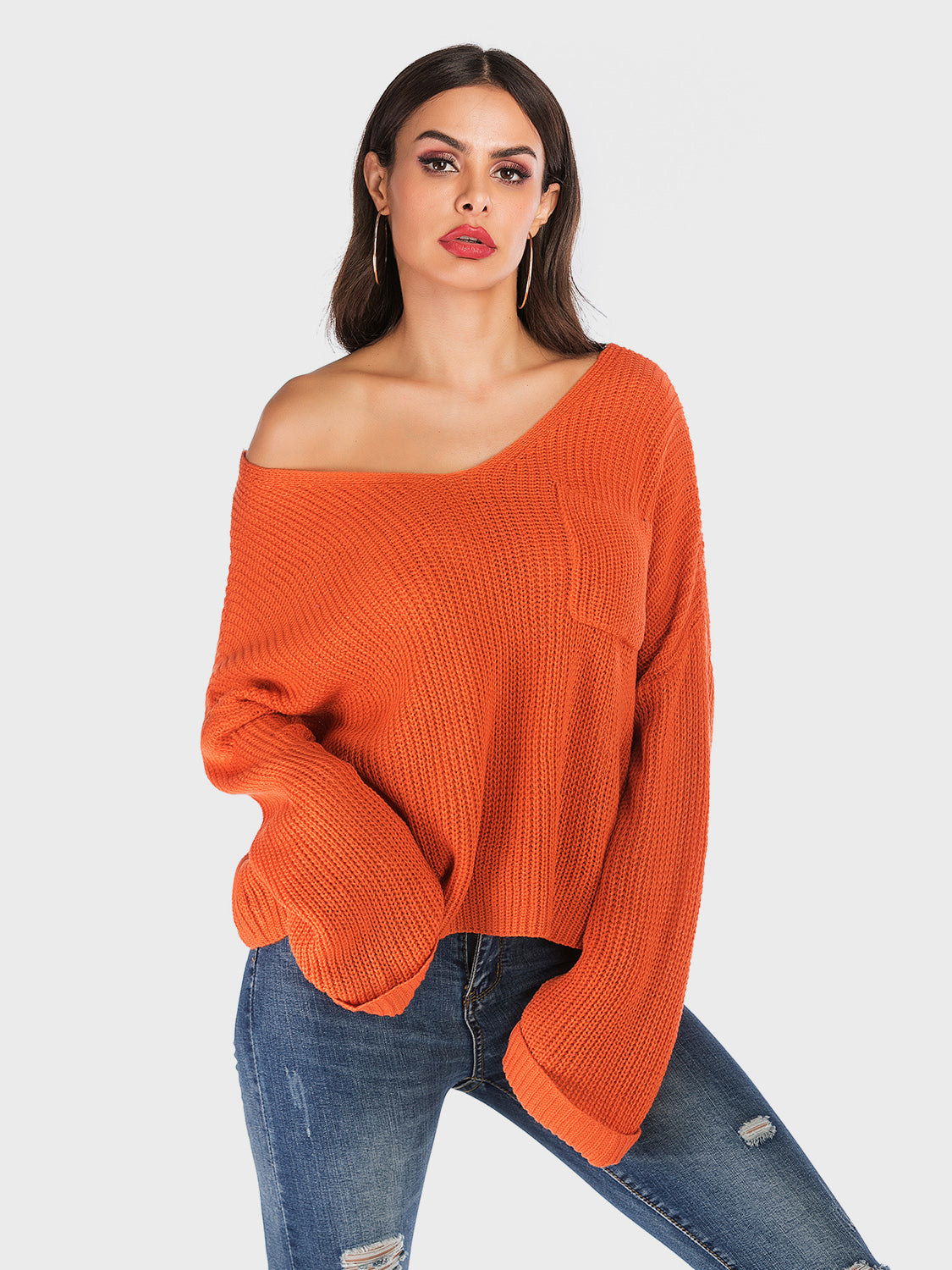 Perfee V-Neck Dropped Shoulder Long Sleeve Sweater - EkaVibe