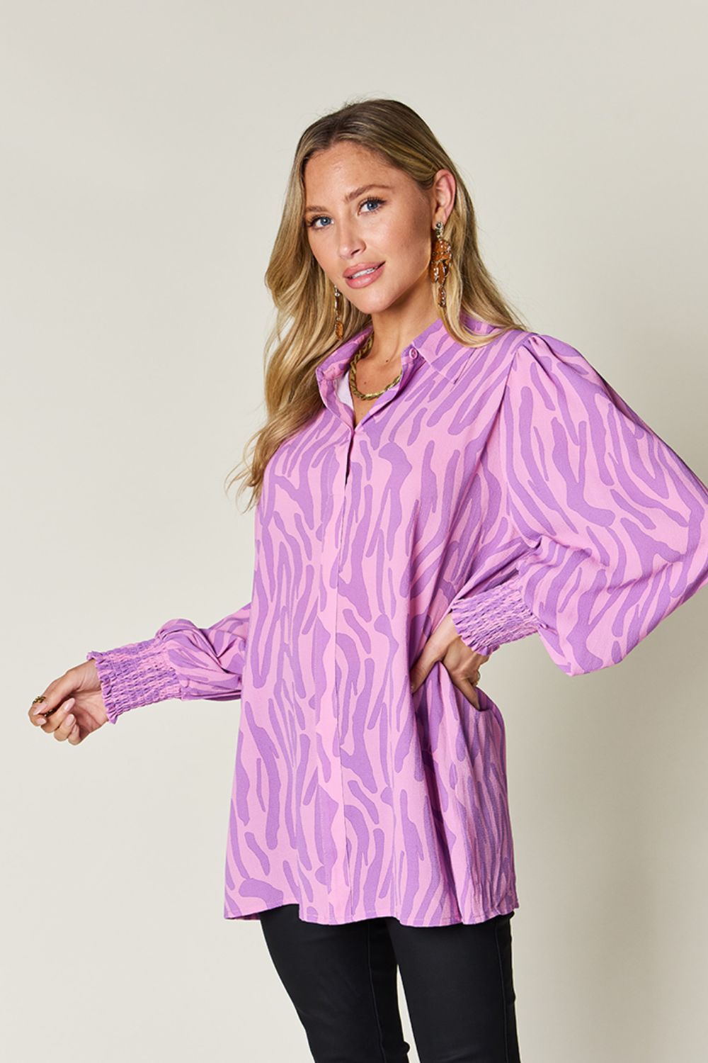 Double Take Full Size Printed Smocked Long Sleeve Blouse - EkaVibe