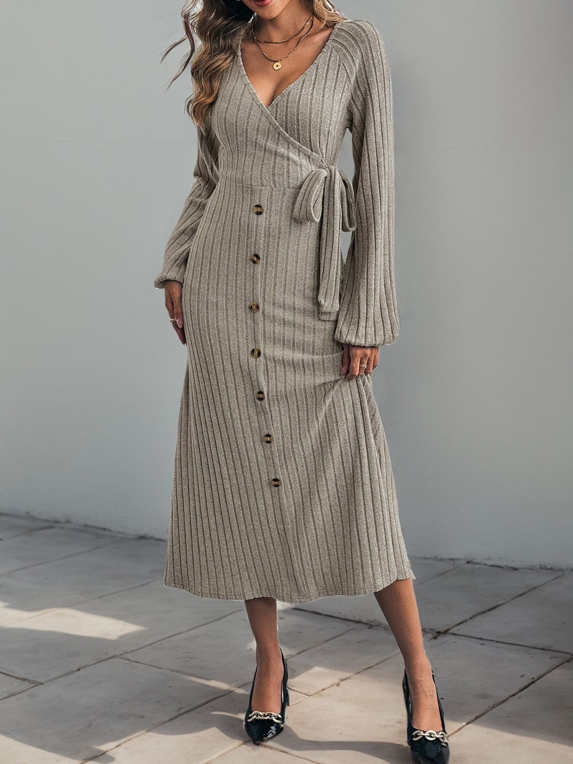 Perfee Ribbed Tied Surplice Long Sleeve Dress - EkaVibe