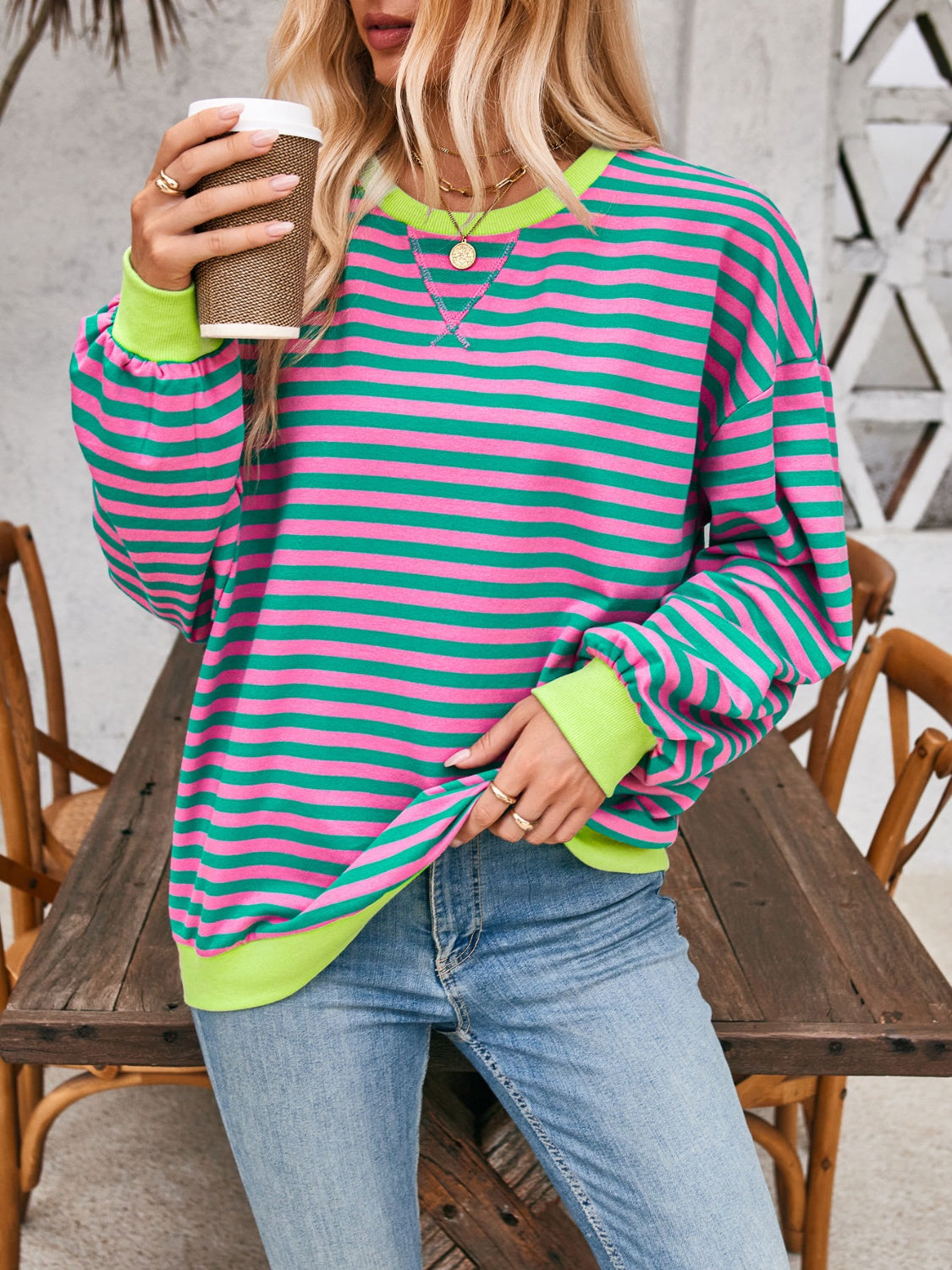 Lovelet Contrast Striped Long Sleeve Sweatshirt - EkaVibe